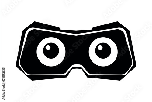 Black and white cartoon style illustration of virtual reality goggles with large eyes VR headset