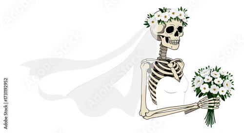 A skeleton bride with flowers a veil and wedding dress