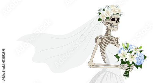 A skeleton bride wearing a white dress veil and floral crown holds a bouquet of blue hydrangeas and white lilies