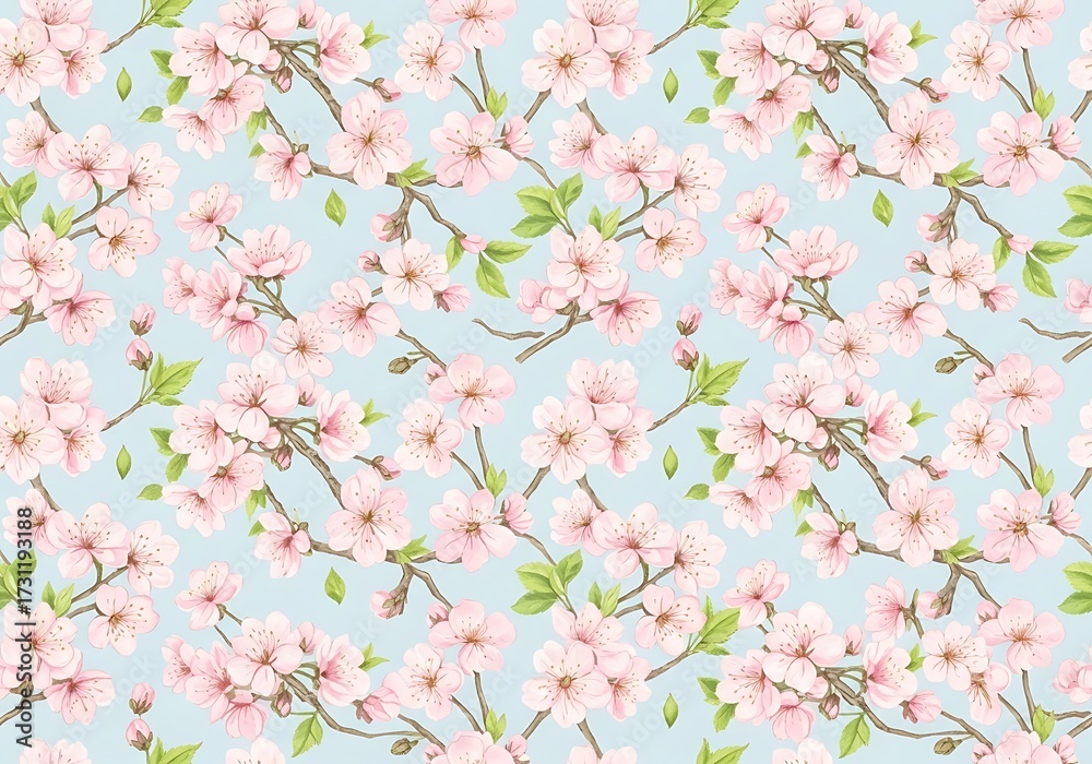 Fototapeta premium Watercolor floral seamless pattern of blossoming pink cherry branches on a blue backdrop