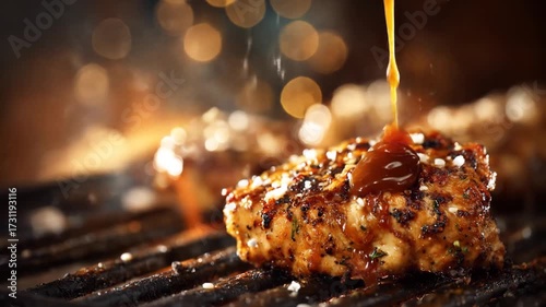 Grilled chicken with sauce pouring close up for culinary food concepts