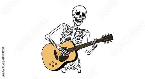 A skeleton plays guitar its wearing no clothes just bones