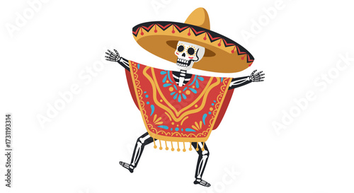 A skeleton wearing a sombrero  poncho arms outstretched against a white background