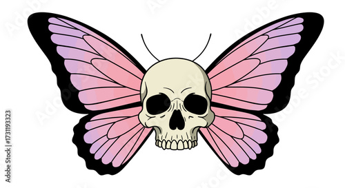 A skull is centered with butterfly wings The wings are pink  black