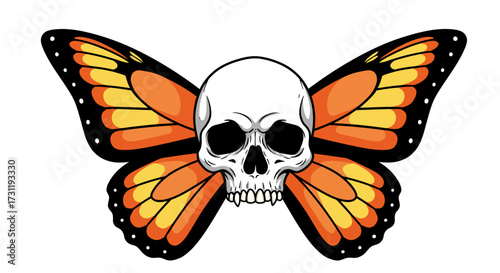 A skull is placed at the center with orange and yellow butterfly wings behind it