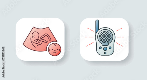 A clean vector illustration features a pregnancy ultrasound outline alongside an isolated baby monitor, symbolizing modern prenatal care and the anticipation of new life.