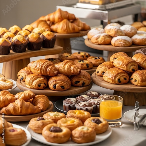 a buffet table laden with an assortment of pastries. Croissants, pain au chocolat, muffins, and danishes are arranged on different levels of wooden and ceramic platters.