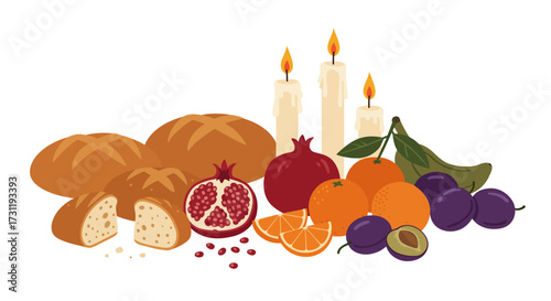 A still life with bread fruit and candles arranged in a group