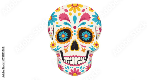 A white skull adorned with colorful flowers for Día de Muertos with black nose and eye sockets and a set of white teeth