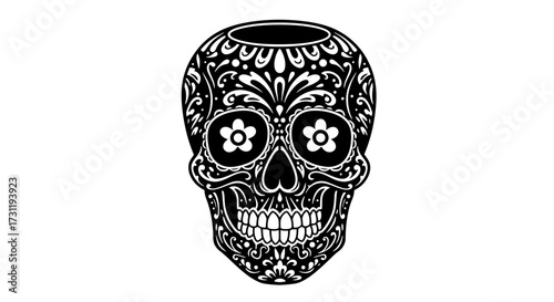 Blackandwhite sugar skull illustration with floral and scroll details