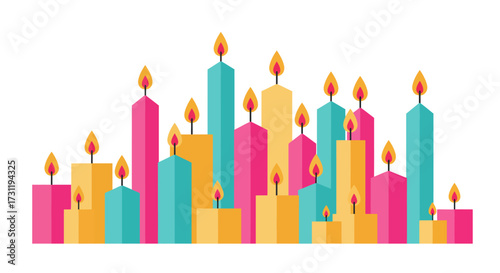 Colorful candles with flames stand in varied heights on a white background