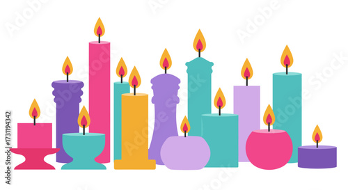Colorful cartoon candles of various heights and styles are alight