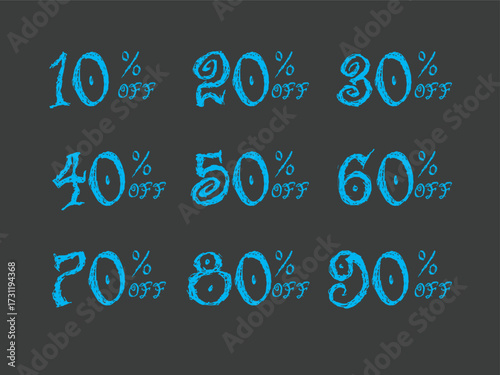 Collection of promotional sale discount percentages from 10 to 90 percent off with a grungy, textured, and handdrawn style on a dark gray background