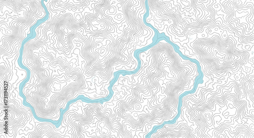 An abstract representation of a winding blue river flowing through a textured gray landscape with subtle patterns.