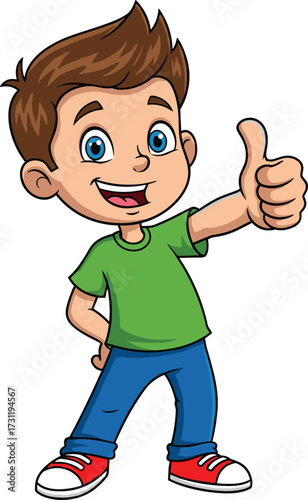 Cheerful cartoon boy with brown hair giving thumbs up, wearing green t-shirt, blue jeans, red sneakers, smiling happy kid character illustration, vector
