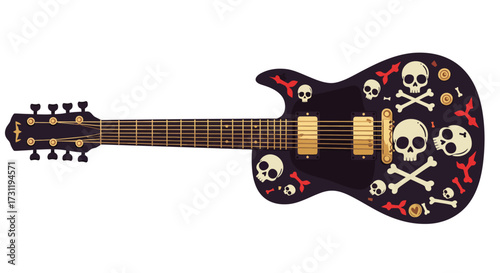 Dark guitar adorned with skulls crossbones and bat motifs