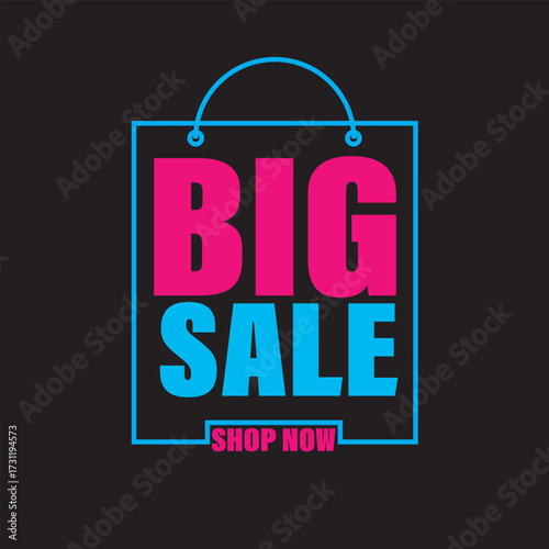 Eyecatching big sale design featuring a shopping bag silhouette with bold pink and blue text, inviting customers to shop now on a dark background