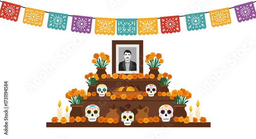 Day of the Dead altar with marigolds skulls candles and a framed portrait beneath a colorful paper banner