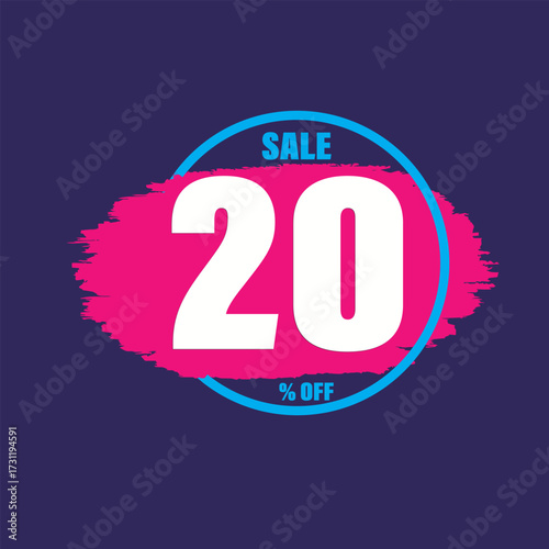 Eyecatching promotional sale discount of 20 percent off with a vibrant and artistic design featuring a brush stroke effect on a dark purple background