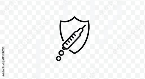 Vector illustration of a sleek outline shield with a vaccine vial inside, symbolizing immunity defense and medical protection against disease prevention.