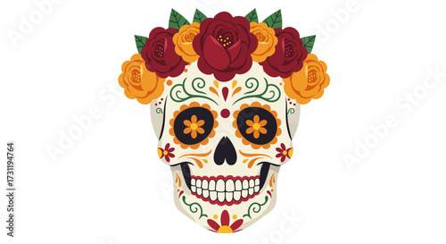 Decorated skull adorned with vibrant flowers intricate patterns add to its festive appearance