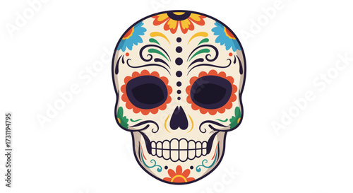 Decorated sugar skull with floral designs  visible teeth on a white background