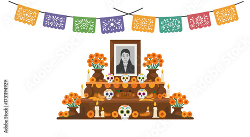 Día de Muertos altar with photo flowers candles sugar skulls and papel picado bunting