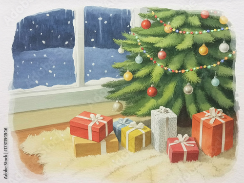 クリスマスイメージ水彩イラスト　Generative AI