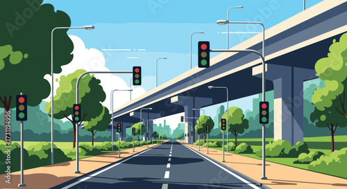 A scenic view of a highway with multiple traffic lights on a bright sunny day.