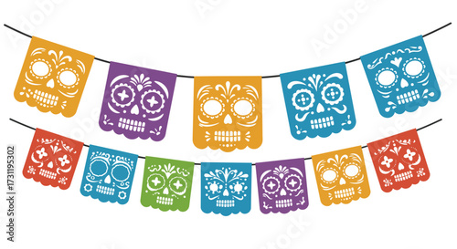 Festive Papel Picado banner with colorful skull designs strung on black lines