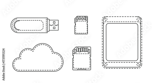 Illustration of data storage devices including usb flash drive sd card cloud storage and external hard drive