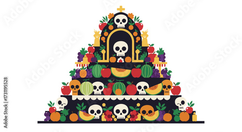 Multitiered Day of the Dead altar with skulls fruit and candles in a stylized flat graphic design