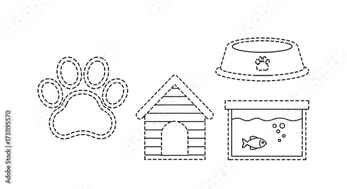 Outline pet care essentials vector illustration featuring dog paw print bowl house and fish tank aquarium design