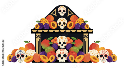 Ofrenda features skulls mangoes peaches plums in stacked altar design on white backdrop