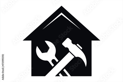 Black house silhouette with white hammer and wrench inside home building