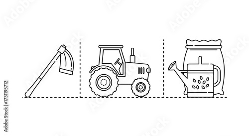 Farming equipment vector illustration featuring hoe tractor watering can and seed bag for agriculture design project
