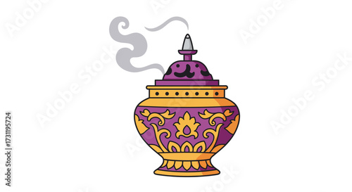 Ornate purple and gold incense burner with grey smoke rising from the top