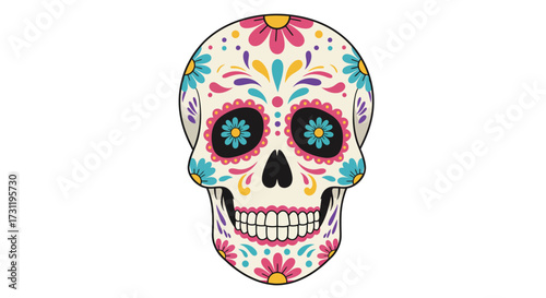 Ornate decorated skull with colorful floral and teardrop designs on a cream background