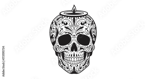 Ornate skull topped with candle flame decorated with swirling floral patterns