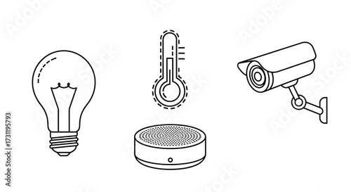Outline smart home devices including light bulb thermometer speaker and security camera vector illustration