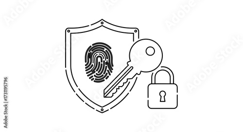 Fingerprint security shield key and padlock for digital privacy and access control protection concept