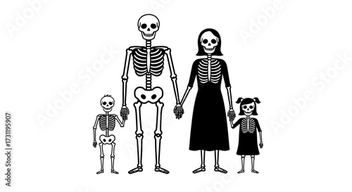 Skeletal family of four parents  kids holding hands