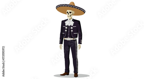 Skeleton dressed in traditional mariachi attire including a sombrero and suit
