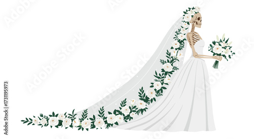 Skeleton bride with white roses veil and wedding dress bouquet in hand