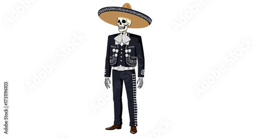 Skeleton in a suit and sombrero festive and formal