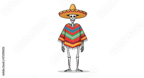 Skeleton in a sombrero and poncho stands with sugar skull makeup