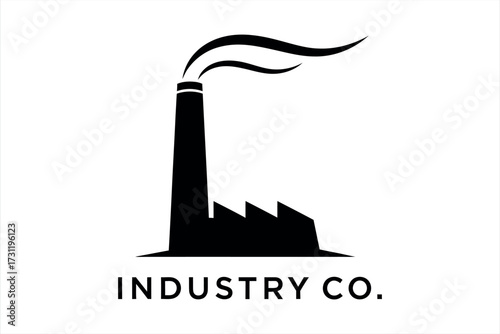 Black industrial factory silhouette with smoke and text I N D U S T R Y C O industry