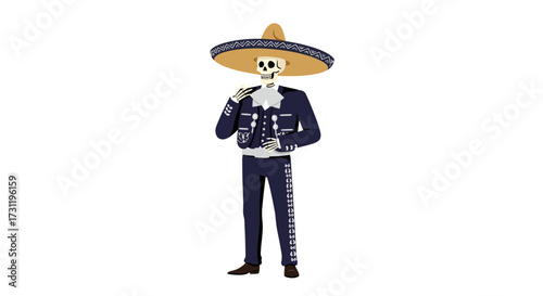 Skeleton in mariachi suit and sombrero standing formally hand near throat