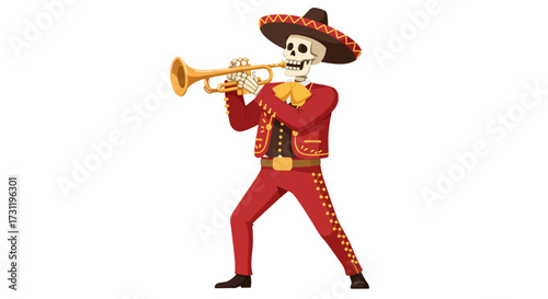 Skeleton playing trumpet wearing sombrero and mariachi suit