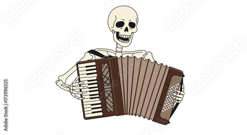 Skeleton plays accordion with bone hands wearing a strap against a white backdrop
